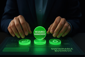 Resource management concept with glowing green on digital interface, hands interacting with virtual buttons, sustainable business strategy and eco friendly technology