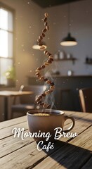 A steaming cup of coffee on a wooden table with a dynamic swirl of coffee beans above it in a cozy café setting during morning light