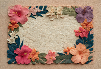 Artisanal Floral Frame with Diverse Paper Blooms and Leaves.