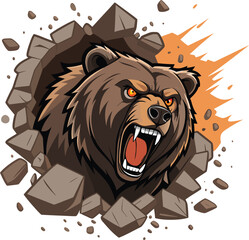 Powerful Brown Bear Mascot Illustration Raging Through Wall with Debris and Rocks Flying