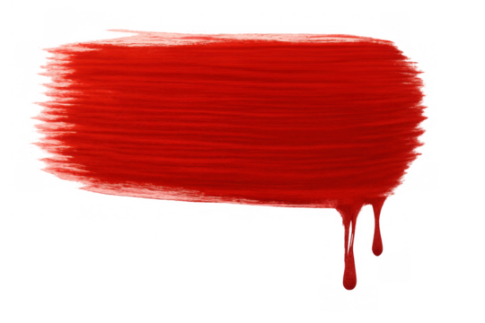 Hand painted broad deep red brush stroke with dripping paint providing a graphic element design, transparent background