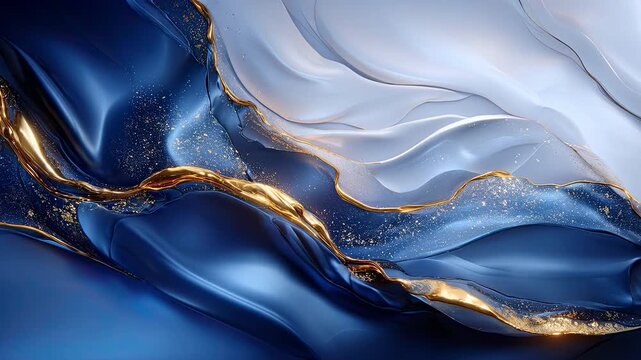 Luxury abstract fluid art animation with blue, white, and gold flowing liquid waves and glittering particles.