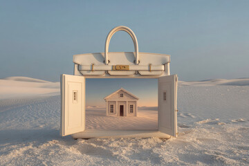 Elegant White Handbag Reveals Miniature Home in Expansive Desert Landscape.