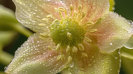 Close-up of a dew-covered pale pink and yellow flower with visible stamens and pistils.