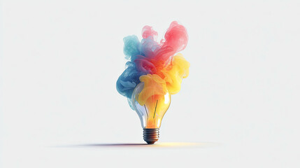 Vibrant colorful smoke emerging from an illuminated light bulb, symbolizing creative energy.