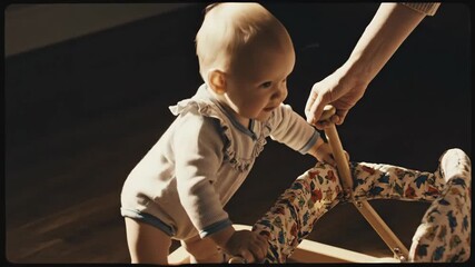 Adorable Baby Learning to Walk with Assistance Capturing Precious First Steps and Joyful Moments.