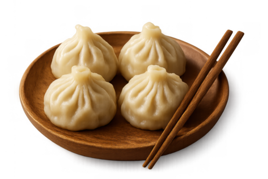 Steaming asian dumplings on a wooden plate with chopsticks, a traditional dim sum appetizer on transparent background - Powered by Adobe