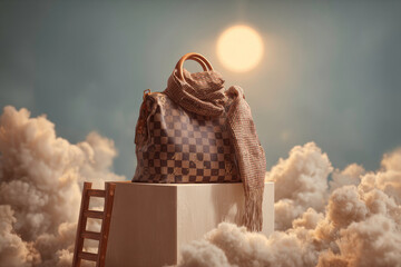 Stylish journey bag draped with scarf, elevated amidst a dreamy cloudy sky.