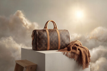 Elegant Weekend Duffle Bag with Soft Throw Against Cloud Backdrop