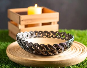 A decorative bowl with a patterned rim rests on a wooden plate with a lit candle behind