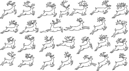 Black and white seamless pattern of various jumping and running reindeer with different antler styles, outline illustration for Christmas and winter holiday designs.