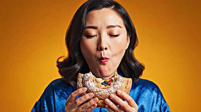 Young Asian woman enjoying a delicious donut with closed eyes and a happy expression.