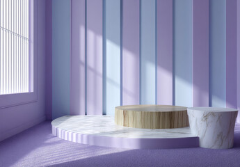 Modern product display with elegant wooden and marble podiums on pastel lilac