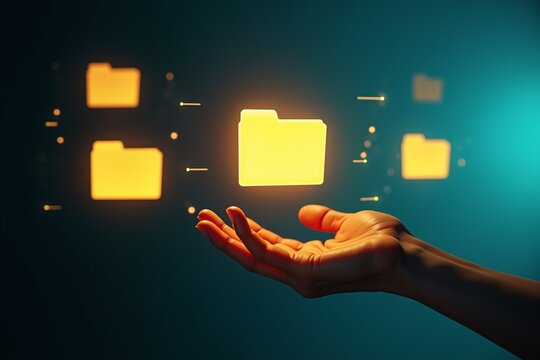 Hand reaches toward glowing digital folder, surrounded by floating icons in futuristic, tech-enhanced environment.