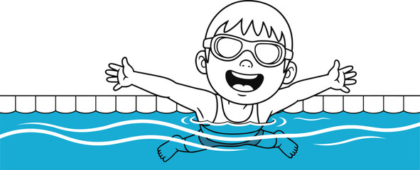 Cartoon child swimming, pool fun, swim goggles, water splash, happy kid, summer activity, blue waves, tiled edge, joyful expression, aquatic motion