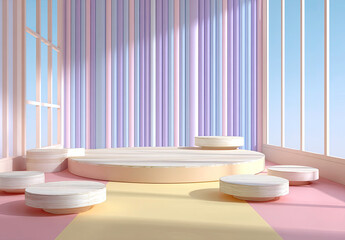 Pastel striped studio with minimalist wooden pedestals and natural light.
