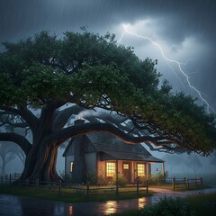 Cozy Cottage Under a Stormy Sky with Lightning and a Large Oak Tree.