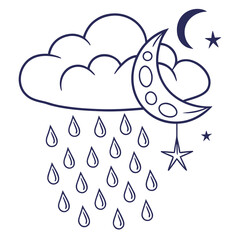 Crescent moon and cloud with falling rain and stars at night raindrops