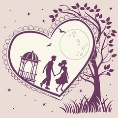 Romantic Couple Walking Under Moon Inside Heart Silhouette love romance