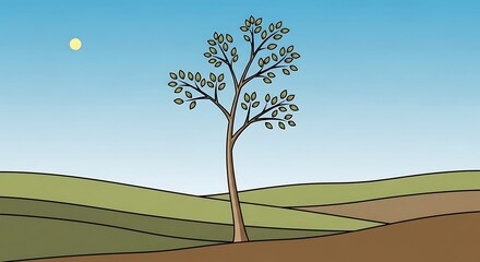 Lonely tree stands tall in a serene landscape under a bright sky.