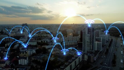 Smart City Connectivity: Abstract Network of Wi-Fi Signals Illuminating Urban Landscape at Sunset - Powered by Adobe