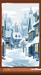 Winter Wonderland View Through a Wooden Window - Snowy Townscape.