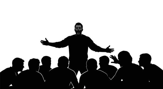 A dynamic speaker commands attention from a captivated audience, silhouetted against white