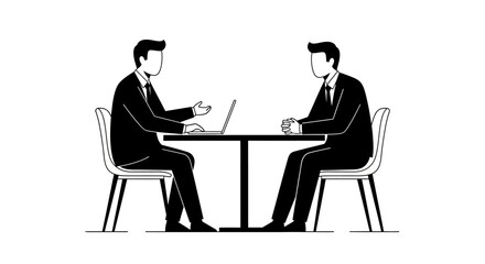 Two professionals in suits sit across a table, one using a laptop, engaged in discussion