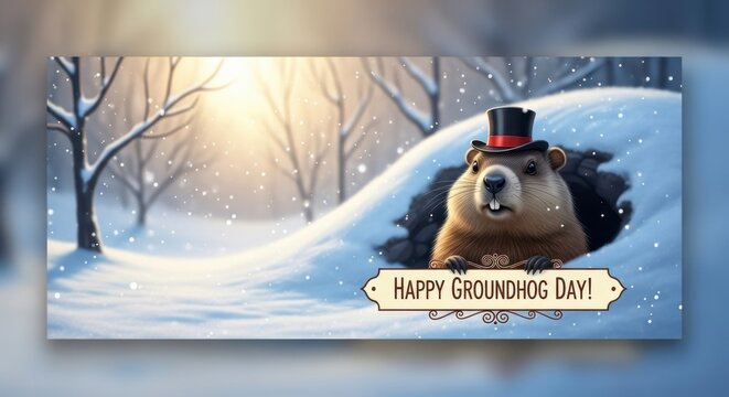 Happy Groundhog Day groundhog in snowy forest.
