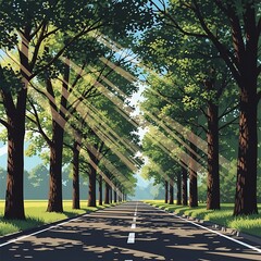 Sunlit Road Through a Lush Green Tree Tunnel in a Serene Landscape.