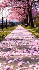 Pink cherry blossoms carpet a path (1)
