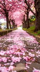 Pink cherry blossoms carpet a path