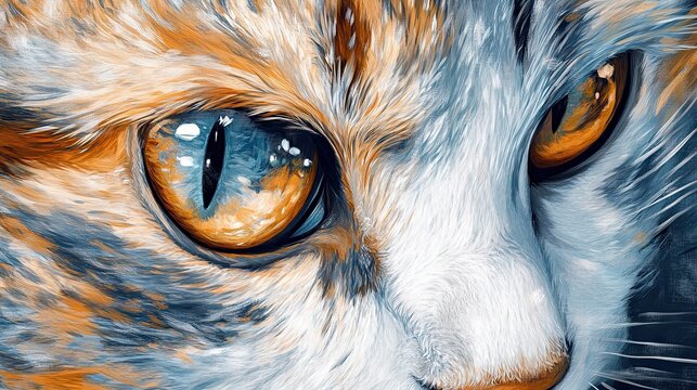 Close-up of a cat's intense amber and blue eyes, detailed fur texture.