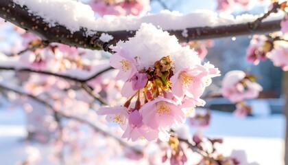 Pink cherry blossoms covered in snow