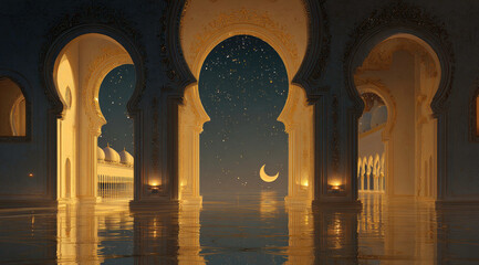 Golden arches reflect starlit night, crescent moon over grand architecture.