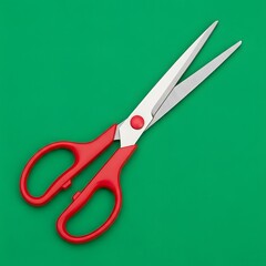 A pair of scissors with red handles and silver blades placed on a vibrant green background, symbolizing cutting, crafting, or editing activities