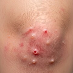 Close-up of a severe acne breakout with multiple inflamed pustules and papules on skin.