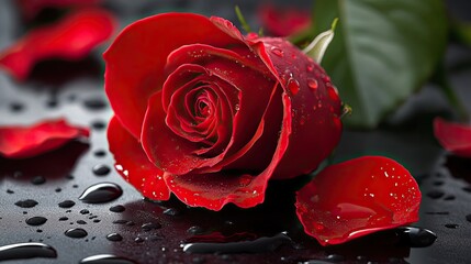 Close-up of a single red rose with water droplets, petals scattered on a dark reflective surface.
