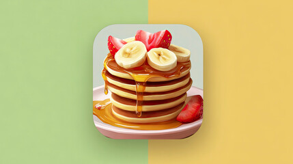 Sweet Breakfast Pancakes with Fresh Fruit and Golden Syrup, Stylized Icon.