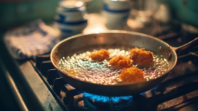 昭和の台所でガス火に照らされた唐揚げが油で踊る午後