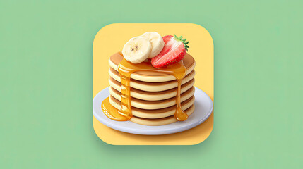 Delicious Stack of Golden Pancakes with Syrup, Bananas, and Fresh Strawberry.