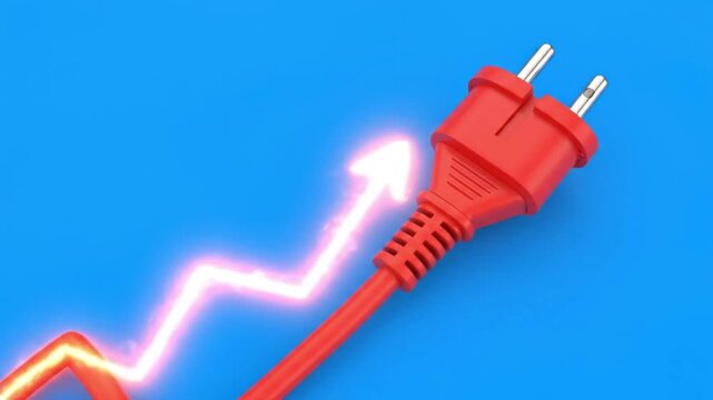 A vibrant, high-contrast stock video element featuring a red power plug against a bright blue background. A stylized electric arc or lightning bolt graphic travels along the cable, suggesting power tr