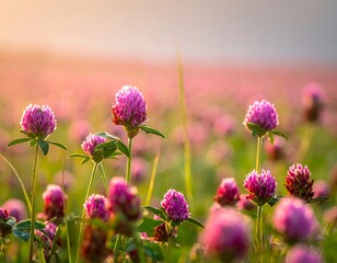 Pink clover blossoms in a sunlit field