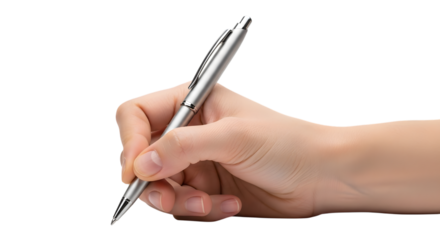 Close up of a hand holding a silver ballpoint pen against a black background writing isolated on a transparent background