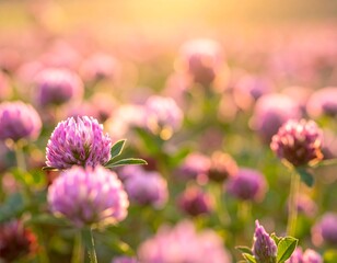 Pink clover field at sunset