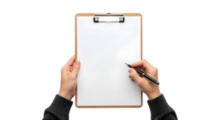 Hands Holding a Clipboard with Blank Paper and a Pen graphic design isolated on a transparent background