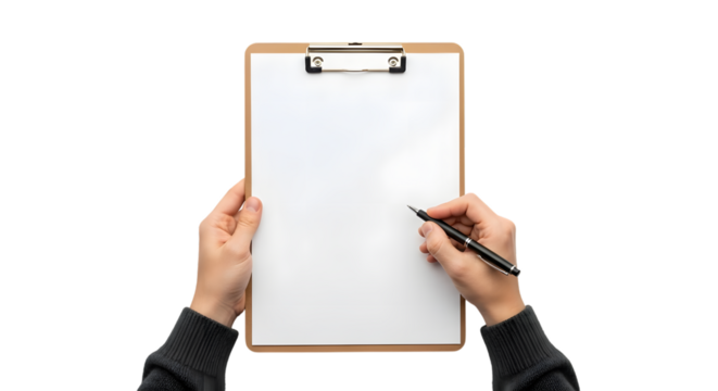 Hands Holding a Clipboard with Blank Paper and a Pen graphic design isolated on a transparent background - Powered by Adobe