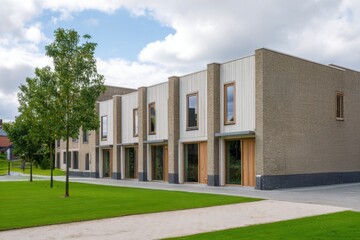 Fototapeta premium Modern residential building with landscaped green area and sidewalks, showcasing contemporary design and spacious windows in a suburban setting