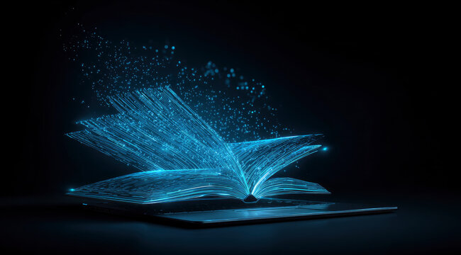 Digital book glowing on laptop screen - Powered by Adobe