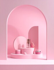 Pink cosmetic display.  3D rendering of products
